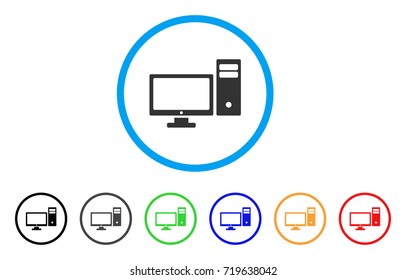 Personal Computer rounded icon. Style is a flat personal computer grey symbol inside light blue circle with black, gray, green, blue, red, orange variants.