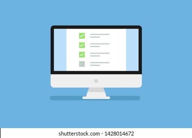 Personal Computer screen with checklist in trendy flat style isolated on blue background with shadow. EPS 10