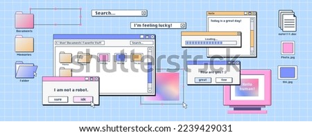 Personal computer screen with old software windows open on desktop. Vector illustration of folder, file, document thumbnails, loading progress bar and pop-up notifications. Retro user interface design