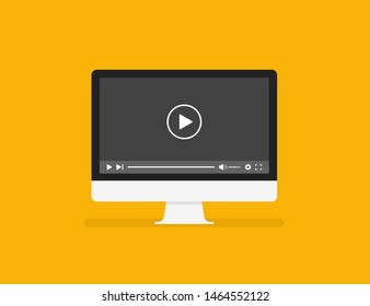 Personal Computer screen in trendy flat style isolated on yellow background with media player. EPS 10