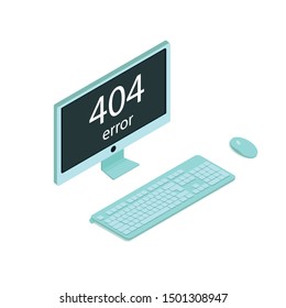 The personal computer shows a 404 error. Keyboard and mouse, Vector image, isometry, isolated on white background