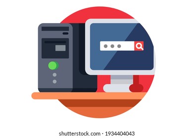 Personal computer tower display on desk, flat vector icon illustration isolated on white background.