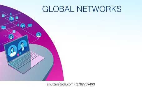 Trabajo informático personal en línea en la comunicación de la red global y la transmisión de datos. Ilustración de material vectorial.