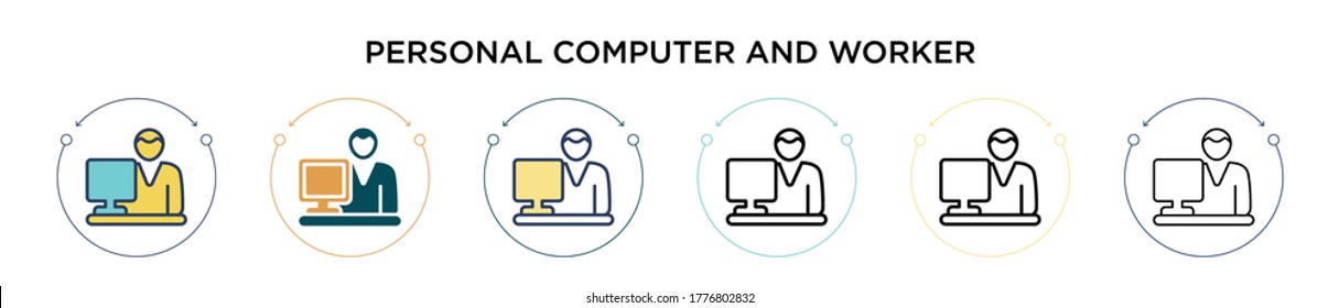 Personal computer and worker icon in filled, thin line, outline and stroke style. Vector illustration of two colored and black personal computer and worker vector icons designs can be used for