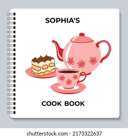 Personal cook book cover design with tiramisu tea pot and tea cup. Vector illustration.
