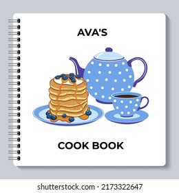 Personal cook book cover design with pancakes and tea set. Vector illustration.