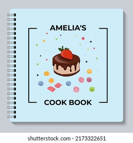 Personal cook book cover design with a cupcake and sweets. Vector illustration.