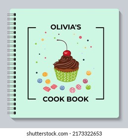 Personal cook book cover design with a chocolate cupcake and sweets. Vector illustration.