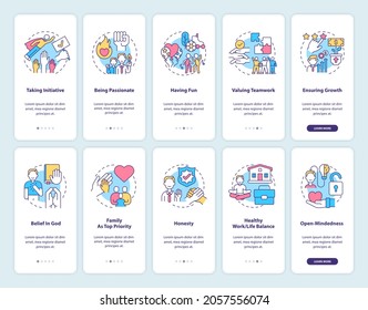 Personal, corporate values onboarding mobile app page screen with concepts set. Teamwork, family walkthrough 5 steps graphic instructions. UI, UX, GUI vector template with linear color illustrations