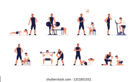 Personal couch or fitness trainer helps man during strength, power or cardio training, weight lifting, gym workout, sports exercise, gives advice on nutrition. Flat cartoon set. Vector illustration.