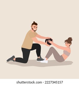 Personal couch or fitness trainer helps woman during power training, gym workout, sports exercise. Workout with personal trainer. Healthy and active lifestyle.