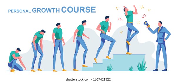 Personal Course Growth, from Loser to Successful. Course Teacher Help Man to Rise from his Knees to Climb Steps Self-esteem to himself. He Gradually Improved and Becomes Confident.