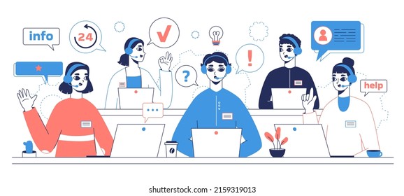 Personal customer support assistants, problem solving center operators. Virtual customers support service, customer loyalty program workers vector illustration. Technical client support