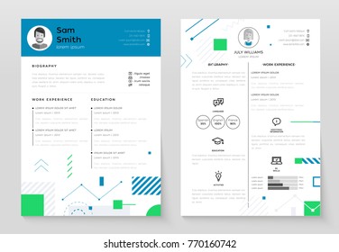 Personal CV- set of modern vector template illustrations on white background with place for text, photo, biography, work experience, education, activities, language. Perfect presentation of job resume