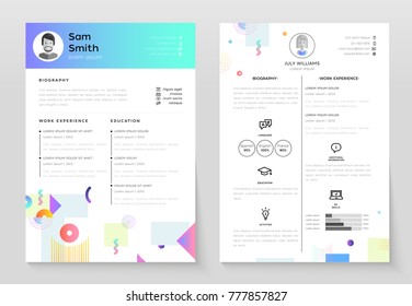 Personal CV- set of modern vector template illustrations on white background with place for text, photo, biography, work experience, education, activities, language. Perfect presentation of job resume