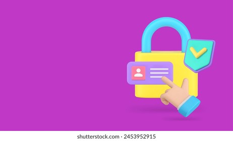 Personal data account protect access cyber security information safety 3d icon realistic vector illustration. Customer user identity password hand click padlock checkmark shield internet web privacy