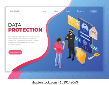personal Data Cyber Internet and security Protection banner Phone with confidential data protection Shield security guard Hero Badge Login Form antivirus hacking isometric isolated vector illustration