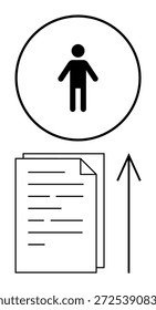 Dados pessoais, transferência de informações, gerenciamento de identidade, organização, processamento de documentos, interpretação de dados. Ícone de pessoa dentro de um círculo, documenta seta para cima. Dados e informações pessoais