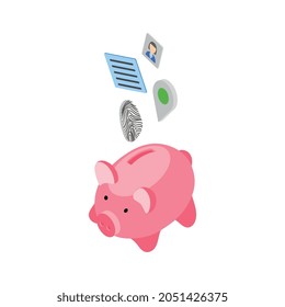 Composición isométrica de datos personales con banco de cerdos en ilustración vectorial de fondo blanco