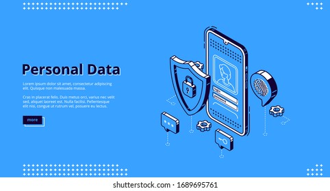 Personal data isometric landing page. Online access login and password enter page on smartphone screen, user account verification and privacy, website register form. 3d vector line art web banner.