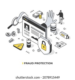 Personal data is protected from fraud. Advanced technologies detect threats, notify user in real time, prevent unauthorized access. Vector isometric illustration