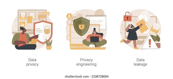 Abstrakter Begriff des Schutzes personenbezogener Daten, Vektorgrafik-Set. Datenschutz, Sicherheitstechnik, Vermeidung von Informationslecks, Verschlüsselung für Datenbanken, abstrakte Sicherheitsarchitektur.