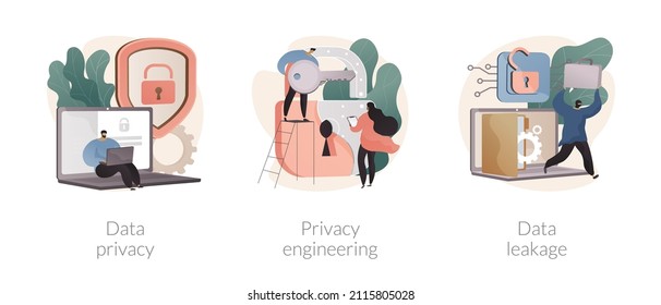 Conjunto de ilustraciones vectoriales de concepto abstracto de protección de datos personales. Privacidad de datos, ingeniería de seguridad, prevención de fugas de información, cifrado para bases de datos, metáfora abstracta de la arquitectura de seguridad.