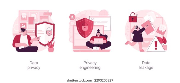 Personal data protection abstract concept vector illustration set. Data privacy, security engineering, info leakage prevention, encryption for databases, safety architecture abstract metaphor.