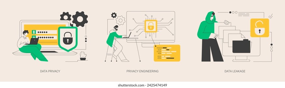 Persönlicher Datenschutz abstraktes Konzept Vektor Illustration Set. Datenschutz, Sicherheitstechnik, Schutz vor Informationslecks, Verschlüsselung von Datenbanken, abstrakte Metapher der Sicherheitsarchitektur.