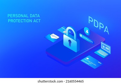 Ley de protección de datos personales o concepto PDPA, Gestión segura de datos y protección de datos contra ataques de hackers e icono de candado a ilustración vectorial de redes de tecnología de internet