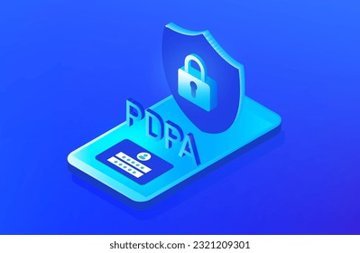 Ley de protección de datos personales o concepto PDPA, Gestión segura de datos y protección de datos contra ataques de hackers e icono de candado a ilustración vectorial de redes de tecnología de internet