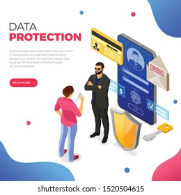 Personal data protection banner. Phone with login form protected shield. Man shows badge security guard. Isometric isolated vector illustration