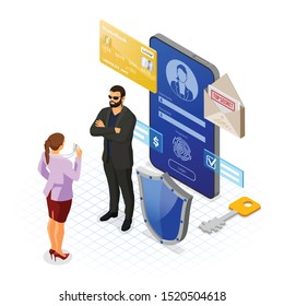 Personal data protection banner. Phone with login form protected by shield. Woman shows badge security guard. Isometric isolated vector illustration