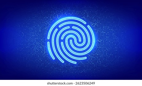 Proteção de dados pessoais. Identificação biométrica. Cibersegurança. Controle de senha. Segurança privada segura. Ícone de impressão digital no plano de fundo do padrão da placa de circuito. Textura de circuito impresso PCB. Vetor.