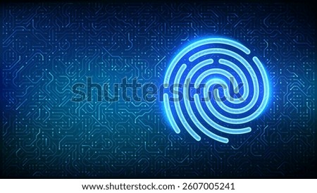 Personal data protection. Biometrics identification. Cyber security. Password control. Private secure safety. Fingerprint icon on circuit board pattern background. PCB printed circuit texture. Vector.