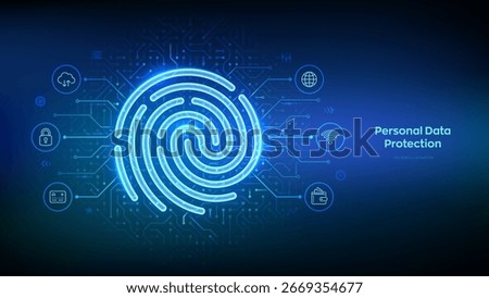 Personal data protection. Biometrics identification. Fingerprint icon on circuit board pattern background. Cyber security. Password control. Fingerprint scan. Password control. Vector illustration.