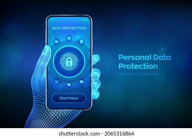 Personal Data protection business concept. Cyber Security. Fingerprint with padlock icon. Private secure and safety. Closeup smartphone in wireframe hand. Vector illustration.