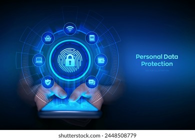 Personal Data protection business concept on virtual screen. Cyber Security. Fingerprint with padlock icon. Private secure and safety. Smartphone in hands. Using smartphone. Vector illustration.