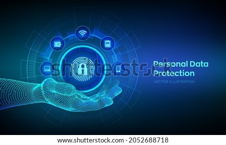 Personal Data protection business concept on virtual screen. Cyber Security. Fingerprint with padlock icon in robotic hand. Private secure and safety. Vector illustration. 商業照片 © 