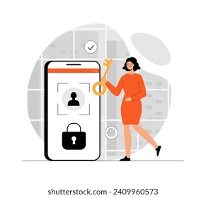 Protección de datos personales mediante control biométrico. Sistema de reconocimiento facial por teléfono móvil inteligente para desbloquear y verificar datos personales.Ilustración con personas en diseño plano para sitio web y móvil