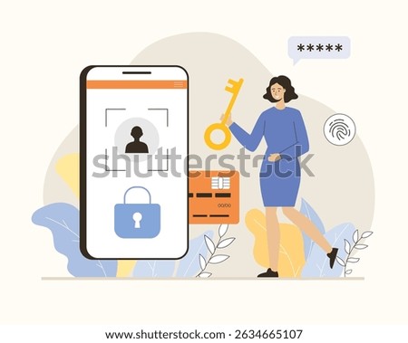 Personal data protection by biometric control. Facial recognition system by smart mobile phone to unlock and checking personal data. Flat vector illustration.	
