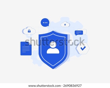 Personal data protection with cloud privacy and cybersecurity policies. Safe communication, GDPR compliance, data protection and risk management for social messenger platforms vector illustration