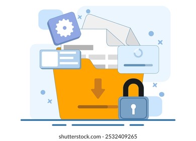 ​ Conceito de proteção de dados pessoais, cibersegurança​segurança, segurança da Internet ou privacidade das informações, segurança e segurança das informações pessoais. Documentar a cibersegurança. Proteção por senha. Ilustração.