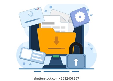 Concepto de protección de datos personales, ​ cibernética​seguridad, seguridad de Internet o privacidad de la información, seguridad y protección de la información personal. Documentar la ciberseguridad. protección de la Contraseña. Ilustración.