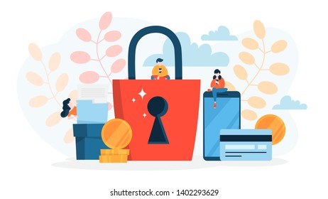 Personal data protection concept. Idea of digital information safety and security. Access to the cyber data. Vector illustration in cartoon style