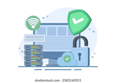 personal data protection concept, information storage in the cloud, user authorization, cloud storage. Cartoon style illustration for landing page, web banner, infographic, main image.