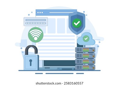personal data protection concept, information storage in the cloud, user authorization, cloud storage. Cartoon style illustration for landing page, web banner, infographic, main image.