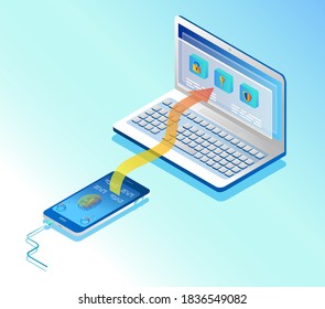 Personal data protection concept with laptop and smartphone. Online security concept with fingerprint. Vector illustration in Isometric style
