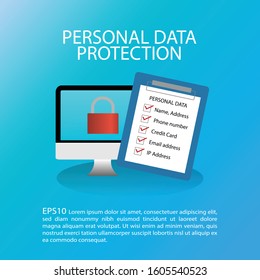 Personal data protection concept. Personal data name address email credit card phone number check list computer monitor with padlock. EPS10 vector illustration.