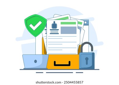 Personal data protection concept, Protect with padlock on documents with personal data security protection. Safety and security of personal information. Vector illustration in flat style.